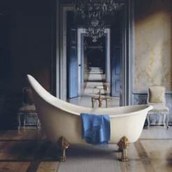Casa Padrino Jugendstil Badewanne Weiß / Gold 180 cm - Freistehende Retro Stil Badewanne