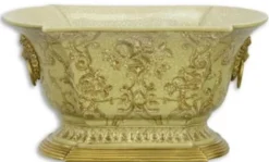 Casa Padrino Jugendstil Blumentopf Grün / Gold 26,9 x 16,7 x H. 14,1 cm - Porzellan Pflanzentopf mit Bronze Löwenkopf Griffen - Deko Accessoires