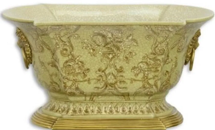 Casa Padrino Jugendstil Blumentopf Grün / Gold 26,9 x 16,7 x H. 14,1 cm - Porzellan Pflanzentopf mit Bronze Löwenkopf Griffen - Deko Accessoires
