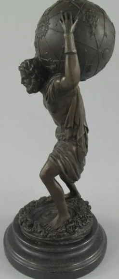Casa Padrino Jugendstil Bronze Skulptur Mann mit Kugel Bronzefarben / Schwarz 15 x 15 x H. 33 cm - Bronzefigur - Dekofigur - Schreibtisch Deko Accessoires