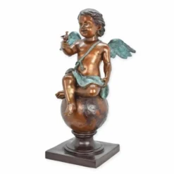 Casa Padrino Jugendstil Bronze Deko Skulptur Engel mit Vogel Bronze / Antik Türkis / Grau H. 93 cm
