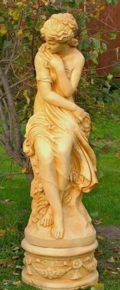 Casa Padrino Jugendstil Deko Skulptur Mädchen Antik Stil Creme H. 160 cm - Prunkvolle Garten Statue mit Sockel - Gartenskulptur - Steinfigur - Garten & Terrassen Deko Accessoires