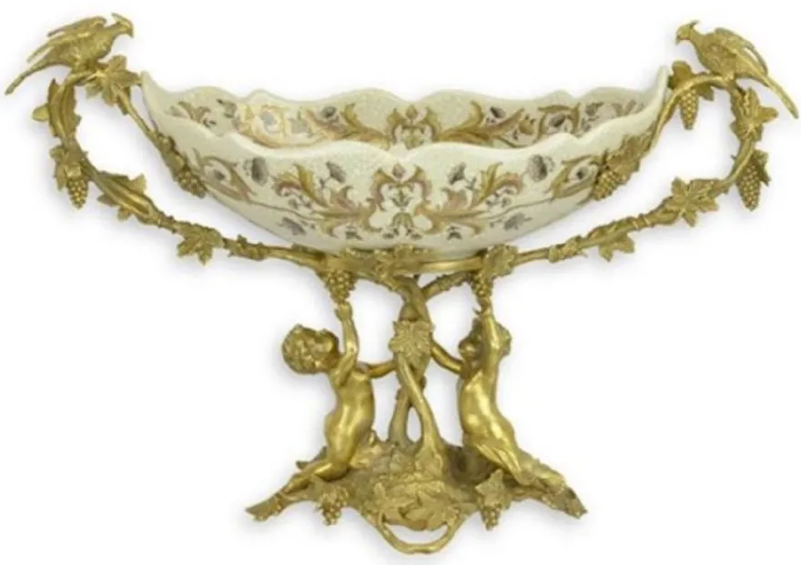 Casa Padrino Jugendstil Deko Schale Creme / Messing 50 x H. 29,5 cm - Porzellan Obstschale