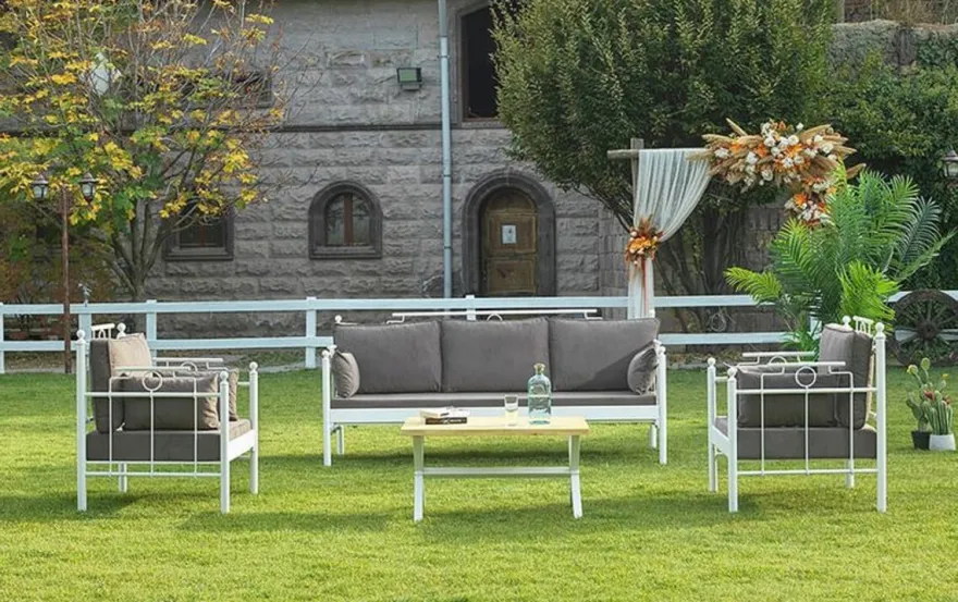 Casa Padrino Jugendstil Gartenmöbel Set Grau / Weiß - 1 Sofa & 2 Sessel & 1 Tisch - Garten & Terrassen Möbel im Jugendstil