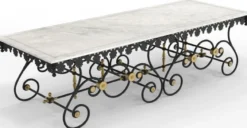 Casa Padrino Jugendstil Gartentisch Weiß / Schwarz / Messing 270 x 100 x H. 75 cm - Nostalgischer Schmiedeeisen Garten & Terrassen Tisch mit Marmorplatte - Jugendstil Garten & Terrassen Möbel