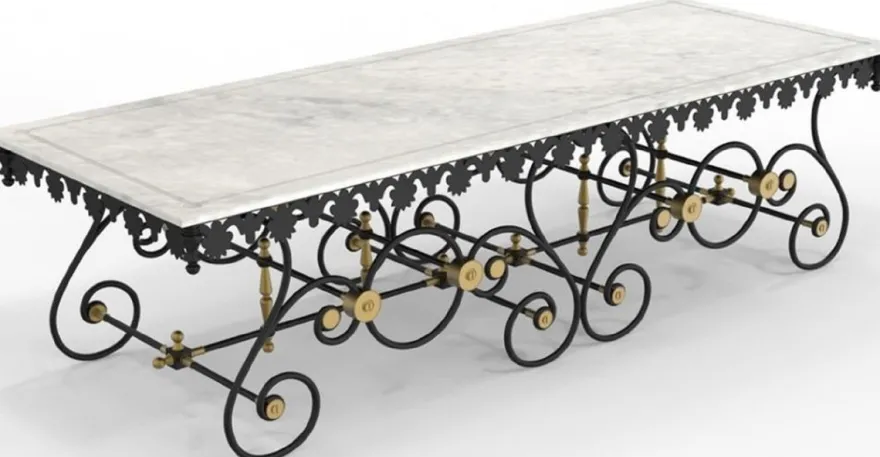 Casa Padrino Jugendstil Gartentisch Weiß / Schwarz / Messing 270 x 100 x H. 75 cm - Nostalgischer Schmiedeeisen Garten & Terrassen Tisch mit Marmorplatte - Jugendstil Garten & Terrassen Möbel