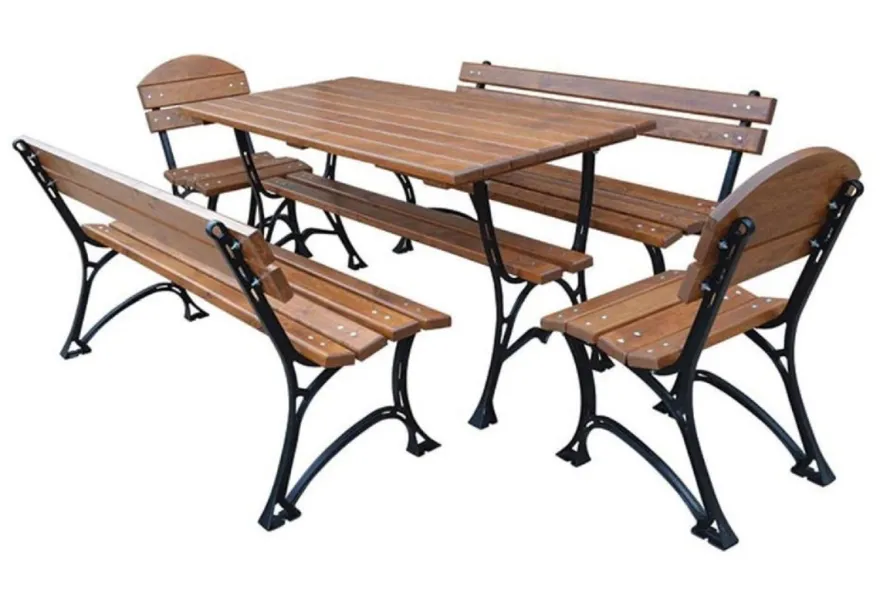 Casa Padrino Jugendstil Gartenmöbel Set Braun / Schwarz - 1 Tisch & 2 Sitzbänke & 2 Stühle - Gastronomie & Garten Möbel Massivholz