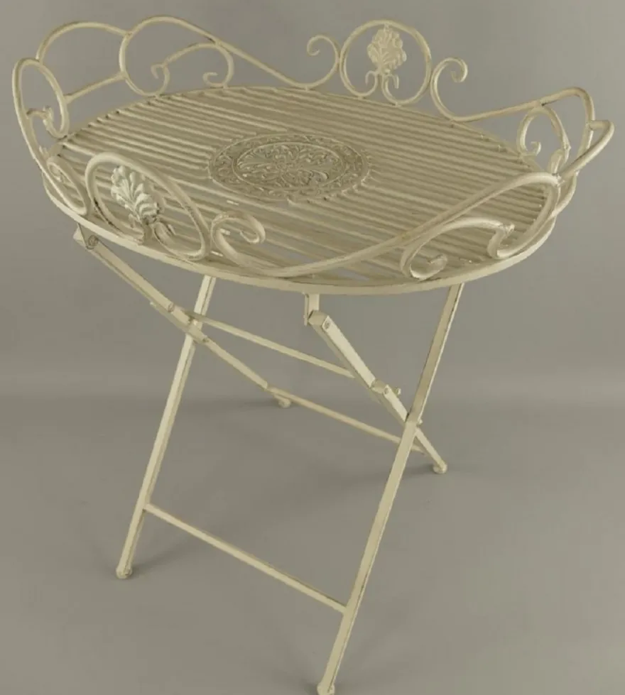 Casa Padrino Jugendstil Garten Beistelltisch Rustikal Weiß 63 x 48 x H. 70 cm - Klappbarer Garten Metall Tisch - Barock & Jugendstil Garten Möbel