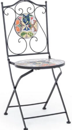 Casa Padrino Jugendstil Gartenstuhl 6er Set Schwarz / Mehrfarbig 39 x 47 x H. 92 cm - Klappbare Stühle mit edlen Keramik Platten - Nostalgische Garten & Gastronomie Möbel
