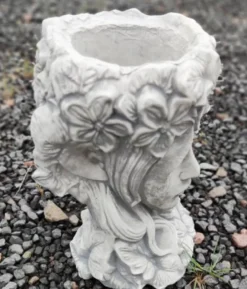 Casa Padrino Jugendstil Garten Deko Blumentopf Frauenkopf Grau Ø 24 x H. 32 cm - Garten Deko Stein Pflanzentopf - Barock & Jugendstil Garten Deko Accessoires