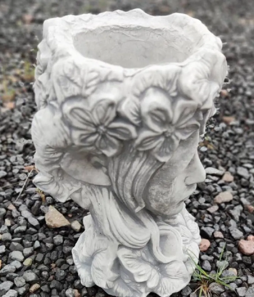 Casa Padrino Jugendstil Garten Deko Blumentopf Frauenkopf Grau Ø 24 x H. 32 cm - Garten Deko Stein Pflanzentopf - Barock & Jugendstil Garten Deko Accessoires