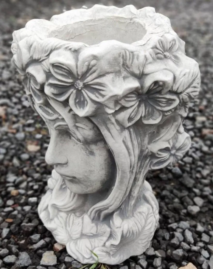 Casa Padrino Jugendstil Garten Deko Blumentopf Frauenkopf Grau Ø 24 x H. 32 cm - Garten Deko Stein Pflanzentopf - Barock & Jugendstil Garten Deko Accessoires