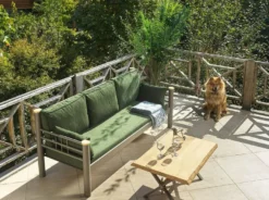 Casa Padrino Jugendstil Gartensofa Grün / Grau / Naturfarben 200 x 70 x H. 85 cm - Metall Garten Sofa mit Kissen - Terrassen Sofa - Garten Möbel - Terrassen Möbel - Jugendstil Möbel