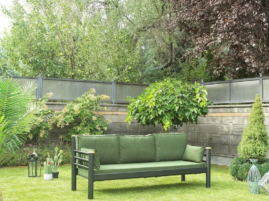 Casa Padrino Jugendstil Gartensofa Grün / Grau / Naturfarben 200 x 70 x H. 85 cm - Metall Garten Sofa mit Kissen - Terrassen Sofa - Garten Möbel - Terrassen Möbel - Jugendstil Möbel