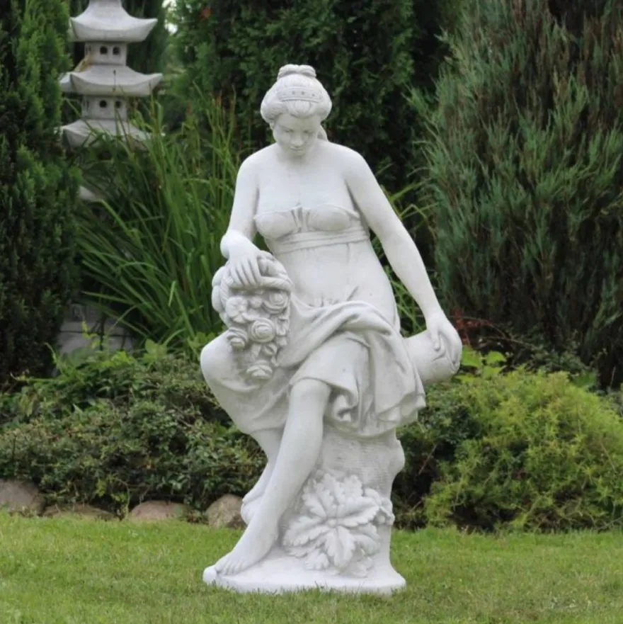 Casa Padrino Jugendstil Garten Deko Skulptur Frau mit Blumenstrauß Weiß / Grau 46 x 46 x H. 121 cm - Elegante Garten Deko Stein Figur - Barock & Jugendstil Garten Deko Accessoires