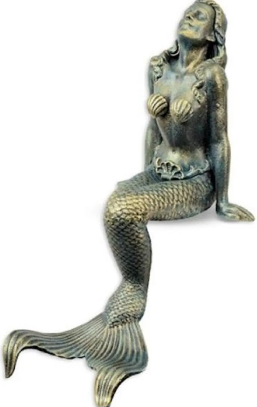 Casa Padrino Jugendstil Garten Deko Skulptur Meerjungfrau Gold / Blau 20,4 x 32 x H. 40,5 cm - Elegante Garten Deko Gusseisen Figur - Barock & Jugendstil Garten Deko Accessoires