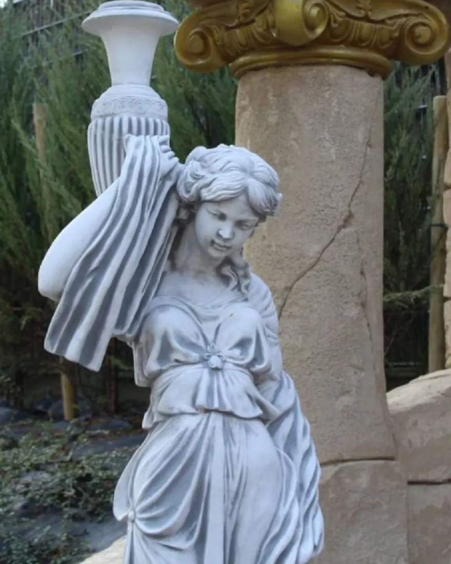 Casa Padrino Jugendstil Garten Deko Skulptur Frau mit Vase Grau H. 185 cm - Elegante Garten Deko Stein Figur - Barock & Jugendstil Garten Deko Accessoires