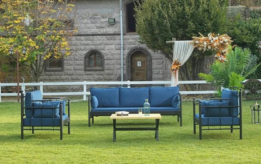 Casa Padrino Jugendstil Gartenmöbel Set Blau / Schwarz - 1 Sofa & 2 Sessel & 1 Tisch - Garten & Terrassen Möbel im Jugendstil