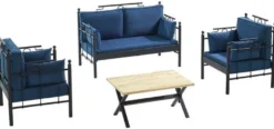 Casa Padrino Jugendstil Gartenmöbel Set Blau / Schwarz - 1 Sofa & 2 Sessel & 1 Tisch - Jugendstil Garten & Terrassen Möbel