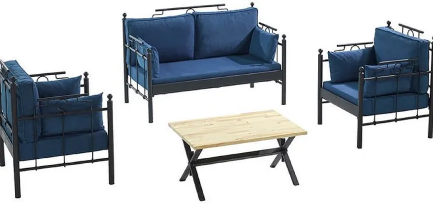 Casa Padrino Jugendstil Gartenmöbel Set Blau / Schwarz - 1 Sofa & 2 Sessel & 1 Tisch - Jugendstil Garten & Terrassen Möbel