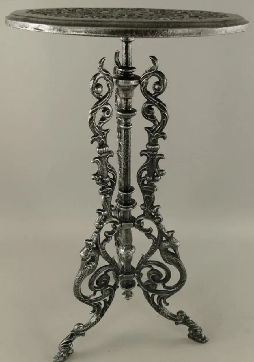 Casa Padrino Jugendstil Garten Beistelltisch Antik Grau / Schwarz Ø 36 x H. 70 cm - Runder Garten Metall Tisch - Runder Blumentisch - Barock & Jugendstil Garten Möbel