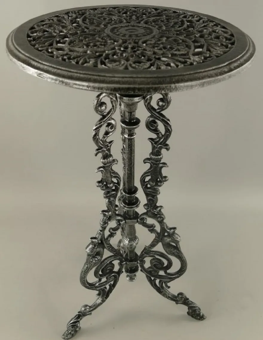 Casa Padrino Jugendstil Garten Beistelltisch Antik Grau / Schwarz Ø 36 x H. 70 cm - Runder Garten Metall Tisch - Runder Blumentisch - Barock & Jugendstil Garten Möbel