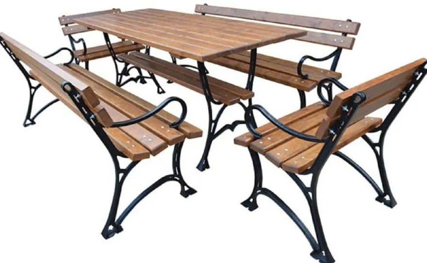 Casa Padrino Jugendstil Gartenmöbel Set Tisch 2 Sitzbänke 2 Stühle mit Armlehnen Braun / Schwarz 180 cm - Gartenmöbel