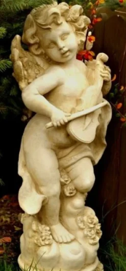 Casa Padrino Jugendstil Gartendeko Skulptur Engel Sandfarben / Beige 32 x 28 x H. 81 cm - Garten Deko Figur - Garten & Terrassen Deko Accessoires