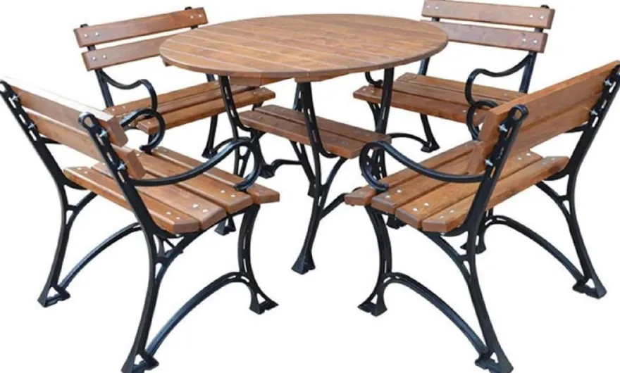 Casa Padrino Jugendstil Gartenmöbel Set Braun / Schwarz - 1 Gartentisch & 4 Gartenstühle mit Armlehnen - Garten Terrassen Gastronomie Möbel Massivholz