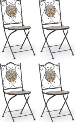 Casa Padrino Jugendstil Gartenstuhl 4er Set Schwarz / Mehrfarbig 39 x 47 x H. 92 cm - Klappbare Stühle mit Keramik Platten - Nostalgische Garten & Gastronomie Möbel
