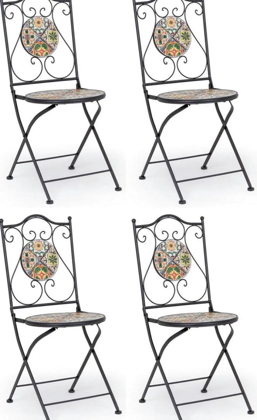 Casa Padrino Jugendstil Gartenstuhl 4er Set Schwarz / Mehrfarbig 39 x 47 x H. 92 cm - Klappbare Stühle mit Keramik Platten - Nostalgische Garten & Gastronomie Möbel