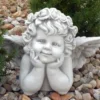 Casa Padrino Jugendstil Garten Deko Skulptur Engel Grau 40 x 22 x H. 31 cm - Elegante Garten Deko Stein Figur - Barock & Jugendstil Garten Deko Accessoires - Garten Deko Skulpturen