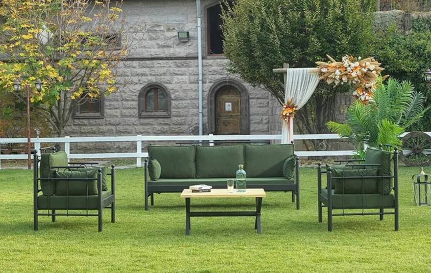 Casa Padrino Jugendstil Gartenmöbel Set Dunkelgrün / Schwarz - 1 Sofa & 2 Sessel & 1 Tisch - Garten & Terrassen Möbel im Jugendstil