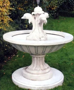 Casa Padrino Jugendstil Gartenbrunnen Weißgrau Ø 130 x H. 145 cm - Runder Springbrunnen mit dekorativen Delfinen - Gartendeko