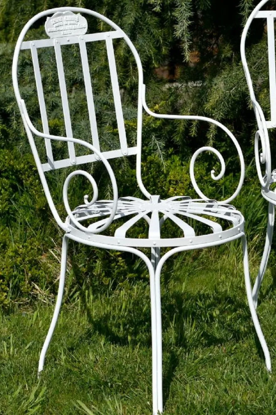 Casa Padrino Jugendstil Garten Stuhl Weiß 47 x 47 x H. 94 cm - Handgefertigter Schmiedeeisen Stuhl mit Armlehnen - Nostalgische Schmiedeeisen Garten & Terrassen Möbel