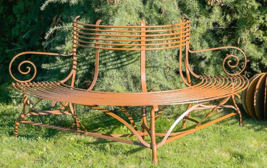 Casa Padrino Jugendstil Gartenbank Braun 180 x H. 88 cm - Handgeschmiedete Garten Sitzbank - Halbrunde Schmiedeeisen Baumbank - Schmiedeeisen Gartenmöbel - Barock & Jugendstil Garten Möbel