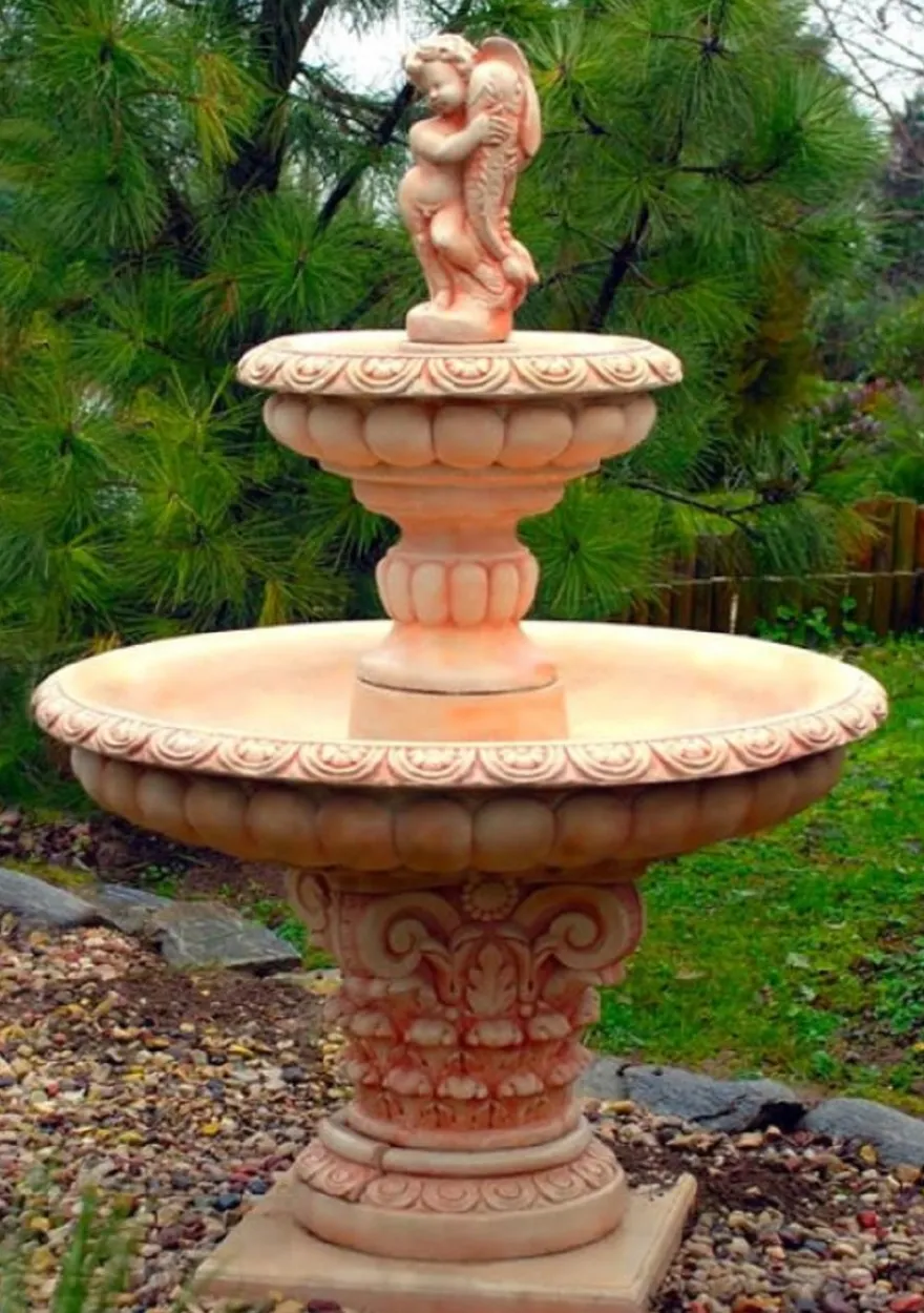 Casa Padrino Jugendstil Gartenbrunnen Junge mit Goldfisch Beige / Rot Ø 114 x H. 171 cm - Gartendeko Brunnen - Springbrunnen