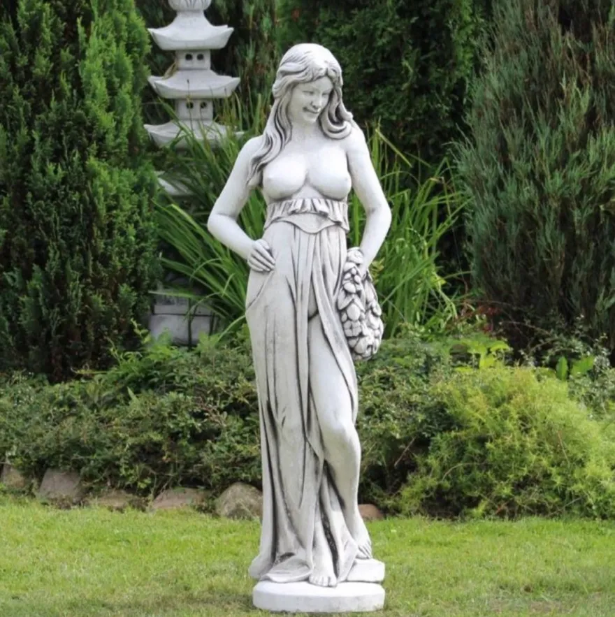 Casa Padrino Jugendstil Garten Deko Skulptur Frau mit Kranz Grau H. 150 cm - Elegante Garten Deko Stein Figur - Barock & Jugendstil Garten Deko Accessoires