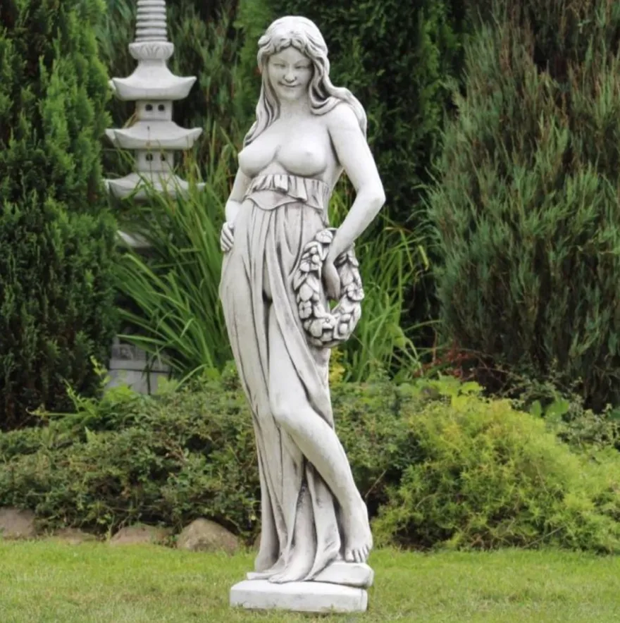 Casa Padrino Jugendstil Garten Deko Skulptur Frau mit Kranz Grau H. 150 cm - Elegante Garten Deko Stein Figur - Barock & Jugendstil Garten Deko Accessoires