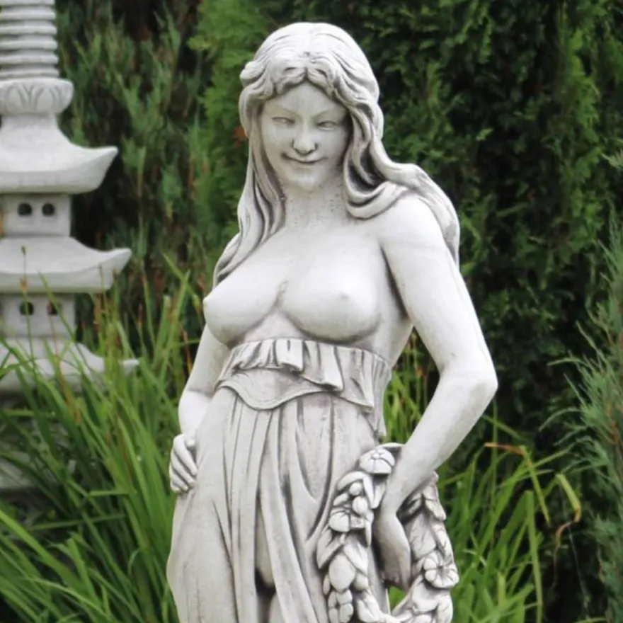 Casa Padrino Jugendstil Garten Deko Skulptur Frau mit Kranz Grau H. 150 cm - Elegante Garten Deko Stein Figur - Barock & Jugendstil Garten Deko Accessoires