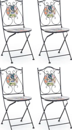 Casa Padrino Jugendstil Gartenstuhl 4er Set Schwarz / Mehrfarbig 39 x 47 x H. 92 cm - Klappbare Stühle mit edlen Keramik Platten - Nostalgische Garten & Gastronomie Möbel