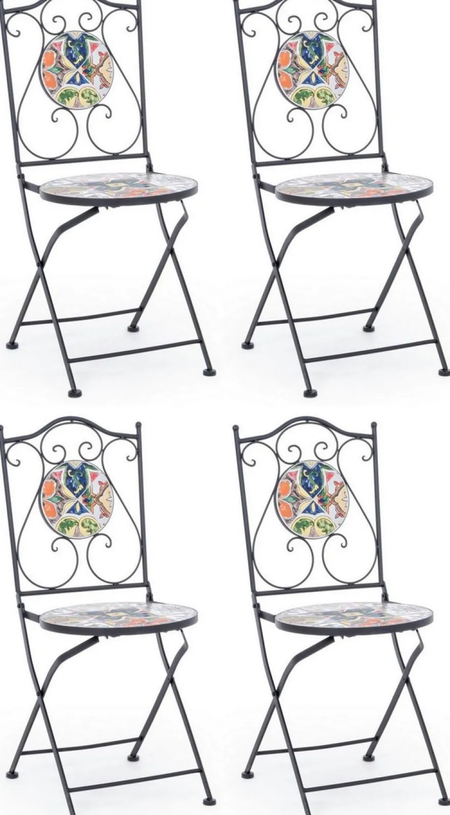 Casa Padrino Jugendstil Gartenstuhl 4er Set Schwarz / Mehrfarbig 39 x 47 x H. 92 cm - Klappbare Stühle mit edlen Keramik Platten - Nostalgische Garten & Gastronomie Möbel