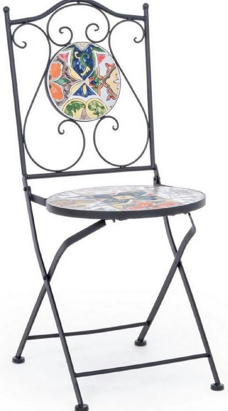 Casa Padrino Jugendstil Gartenstuhl 4er Set Schwarz / Mehrfarbig 39 x 47 x H. 92 cm - Klappbare Stühle mit edlen Keramik Platten - Nostalgische Garten & Gastronomie Möbel