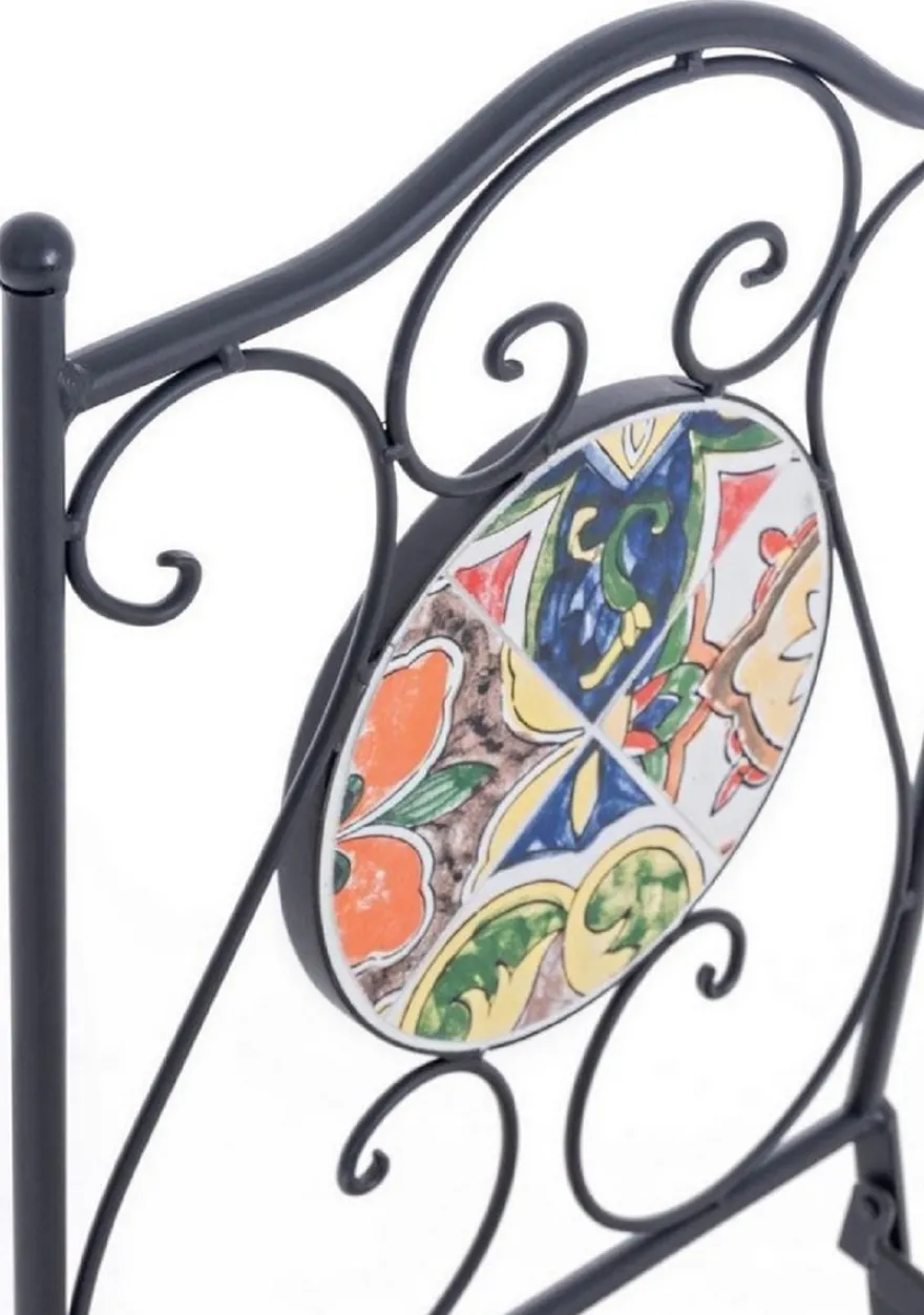 Casa Padrino Jugendstil Gartenstuhl 4er Set Schwarz / Mehrfarbig 39 x 47 x H. 92 cm - Klappbare Stühle mit edlen Keramik Platten - Nostalgische Garten & Gastronomie Möbel