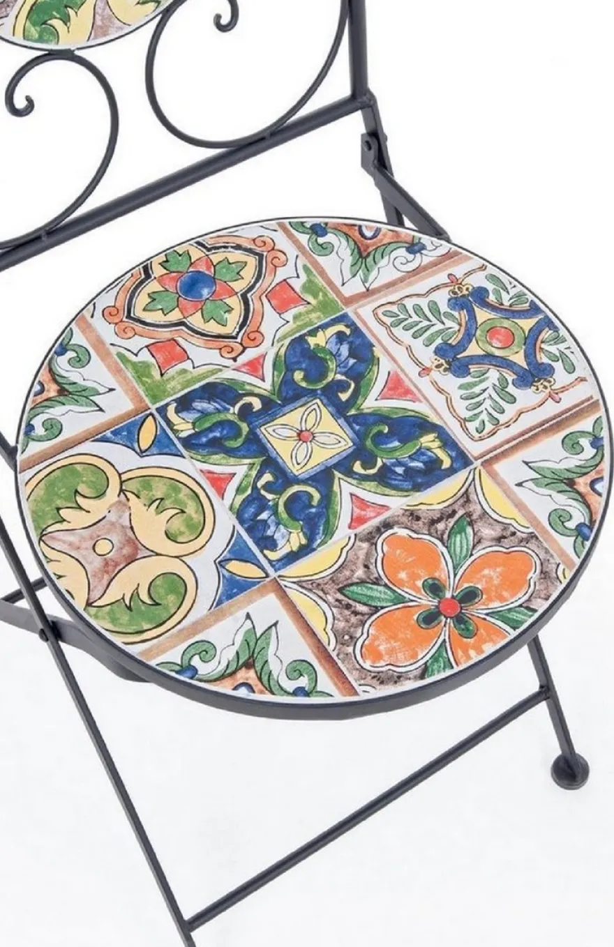 Casa Padrino Jugendstil Gartenstuhl 4er Set Schwarz / Mehrfarbig 39 x 47 x H. 92 cm - Klappbare Stühle mit edlen Keramik Platten - Nostalgische Garten & Gastronomie Möbel