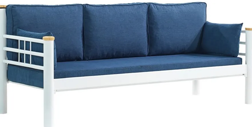 Casa Padrino Jugendstil Gartensofa Blau / Weiß / Naturfarben 200 x 70 x H. 85 cm - Metall Garten Sofa mit Kissen - Terrassen Sofa - Garten Möbel - Terrassen Möbel - Jugendstil Möbel
