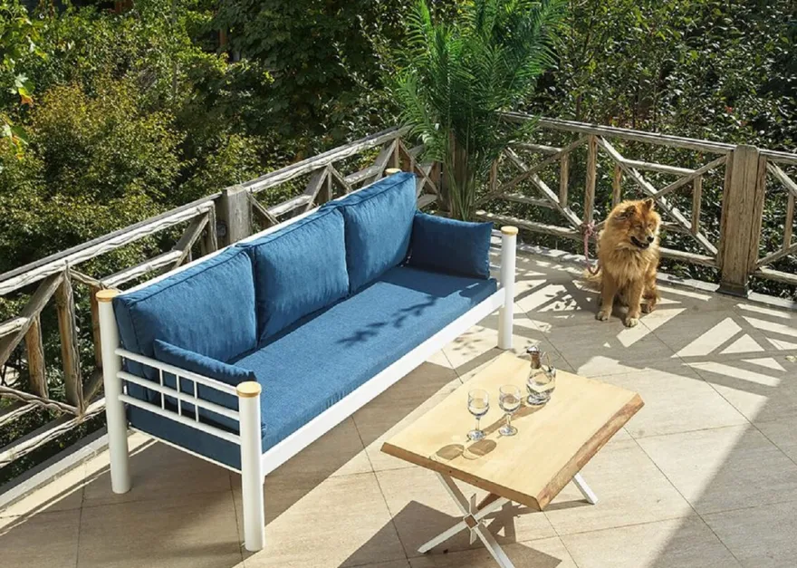 Casa Padrino Jugendstil Gartensofa Blau / Weiß / Naturfarben 200 x 70 x H. 85 cm - Metall Garten Sofa mit Kissen - Terrassen Sofa - Garten Möbel - Terrassen Möbel - Jugendstil Möbel