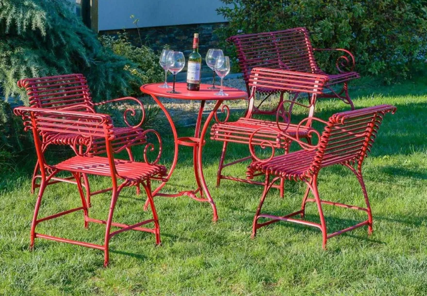 Casa Padrino Jugendstil Garten Stuhl Rot 56 x 52 x H. 76 cm - Handgefertigter Schmiedeeisen Stuhl mit Armlehnen - Nostalgische Schmiedeeisen Garten & Terrassen Möbel