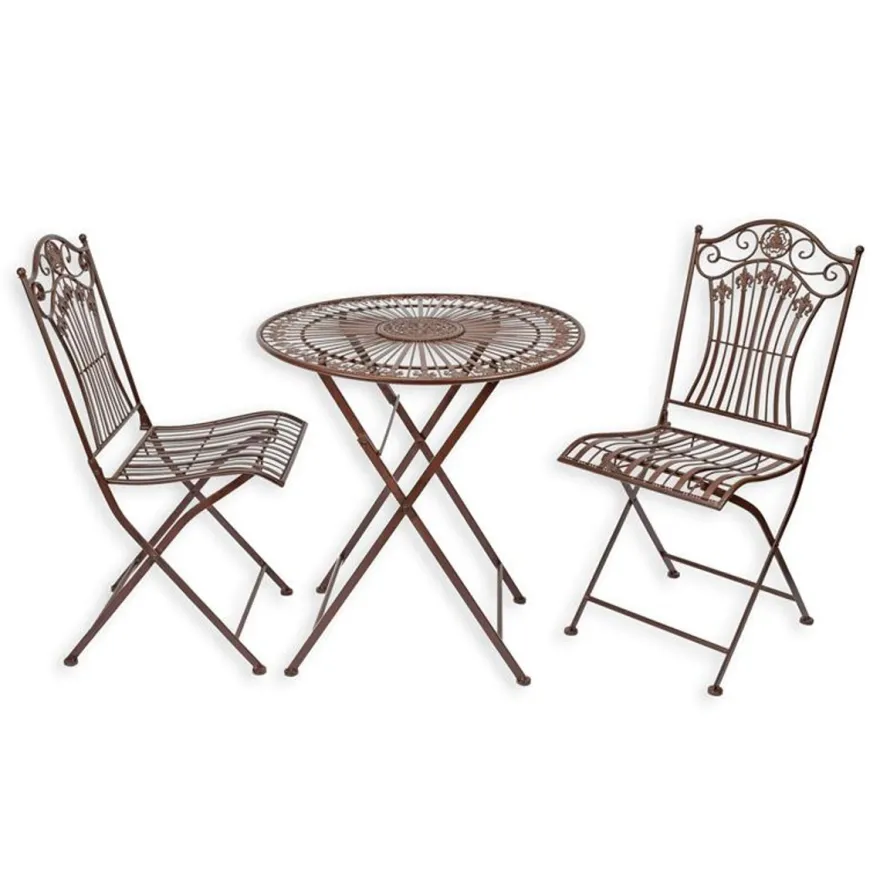 Casa Padrino Jugendstil Gartenmöbel Set Braun Tisch und 2 Stühle - Bistro Set aus Eisen - Klappbare Balkon Möbel - Gartenmöbel im Jugendstil