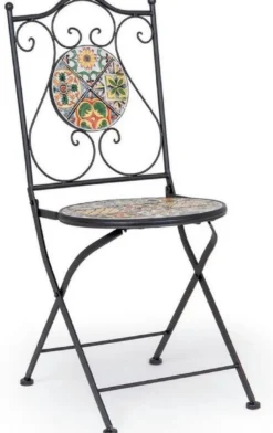 Casa Padrino Jugendstil Gartenstuhl 6er Set Schwarz / Mehrfarbig 39 x 47 x H. 92 cm - Klappbare Stühle mit Keramik Platten - Nostalgische Garten & Gastronomie Möbel